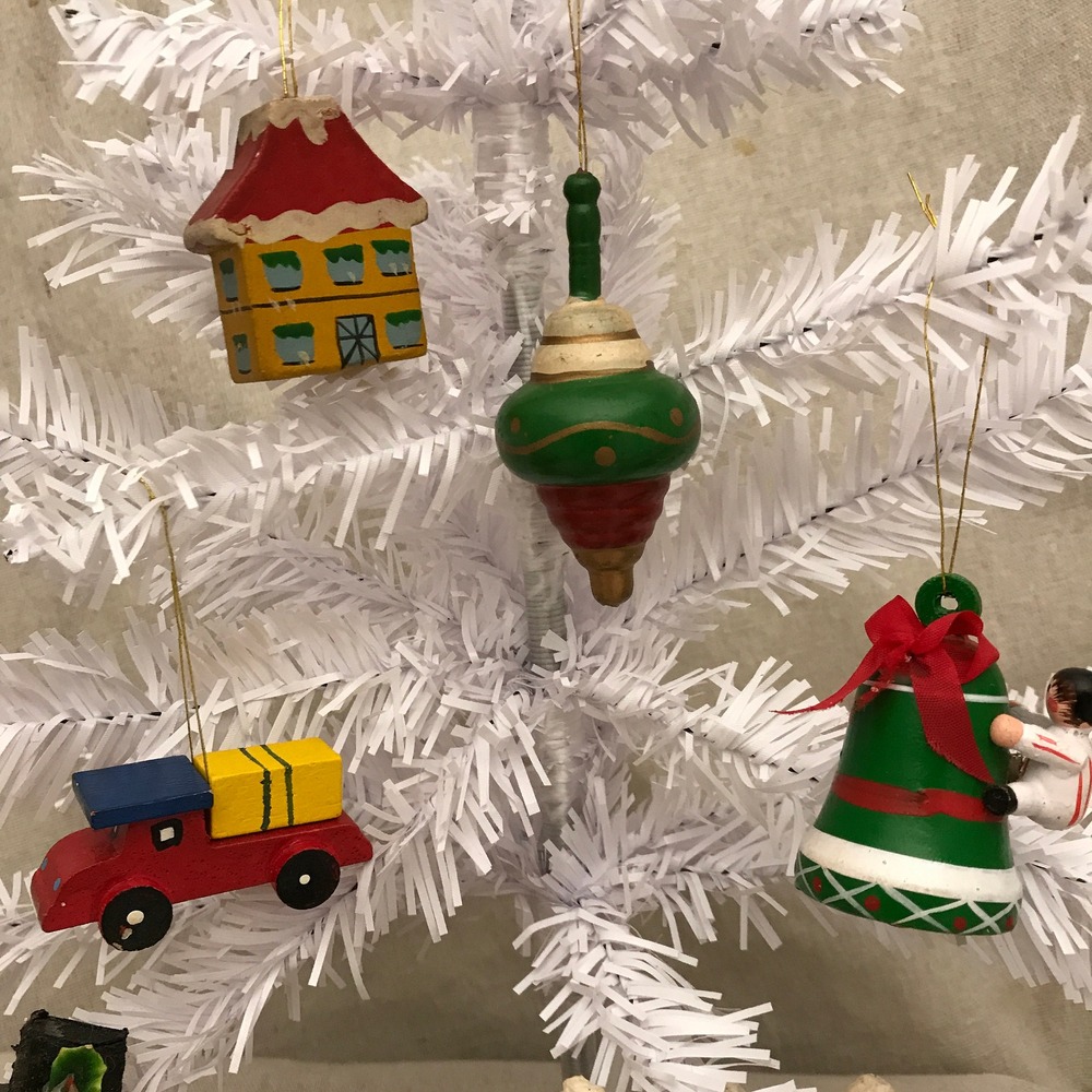 Christmas Ornaments, Wood Ornaments, Bell, Top, Truck and House, 1970's